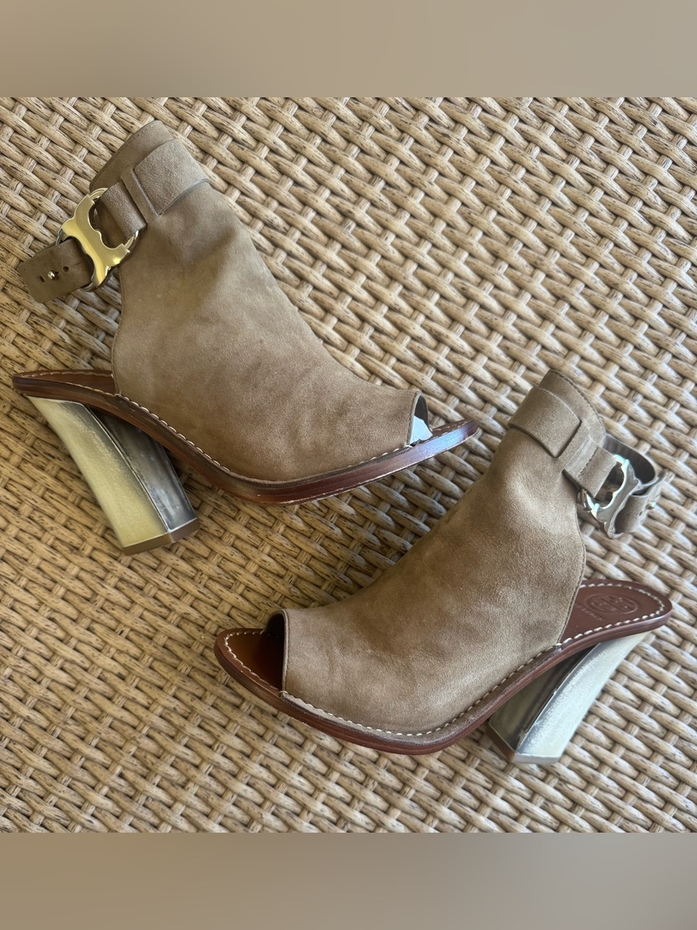 Tory Burch Gemini Link Suede Open-Toe Slingback Bootie - Size 7 - Used